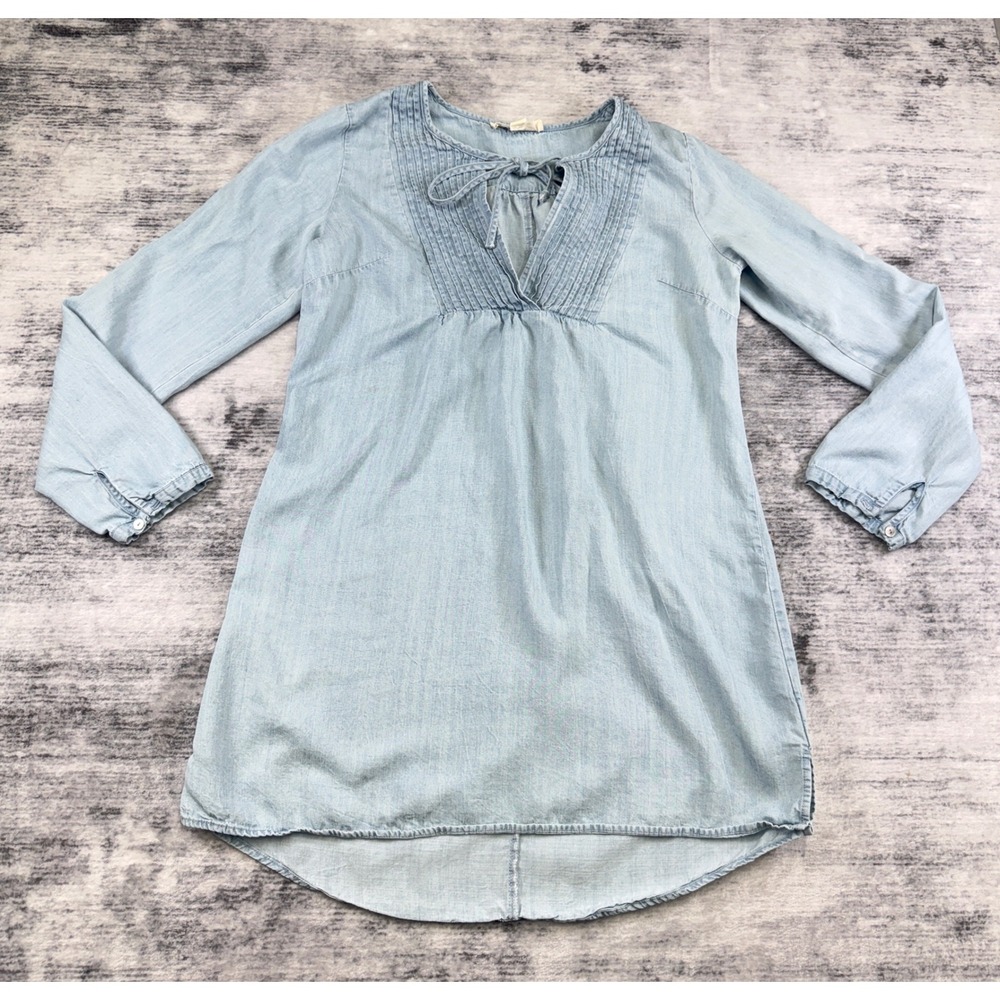 Lovestitch Light Wash Tencel Pintuck Tie Neck Tunic Top I-70236MXX L